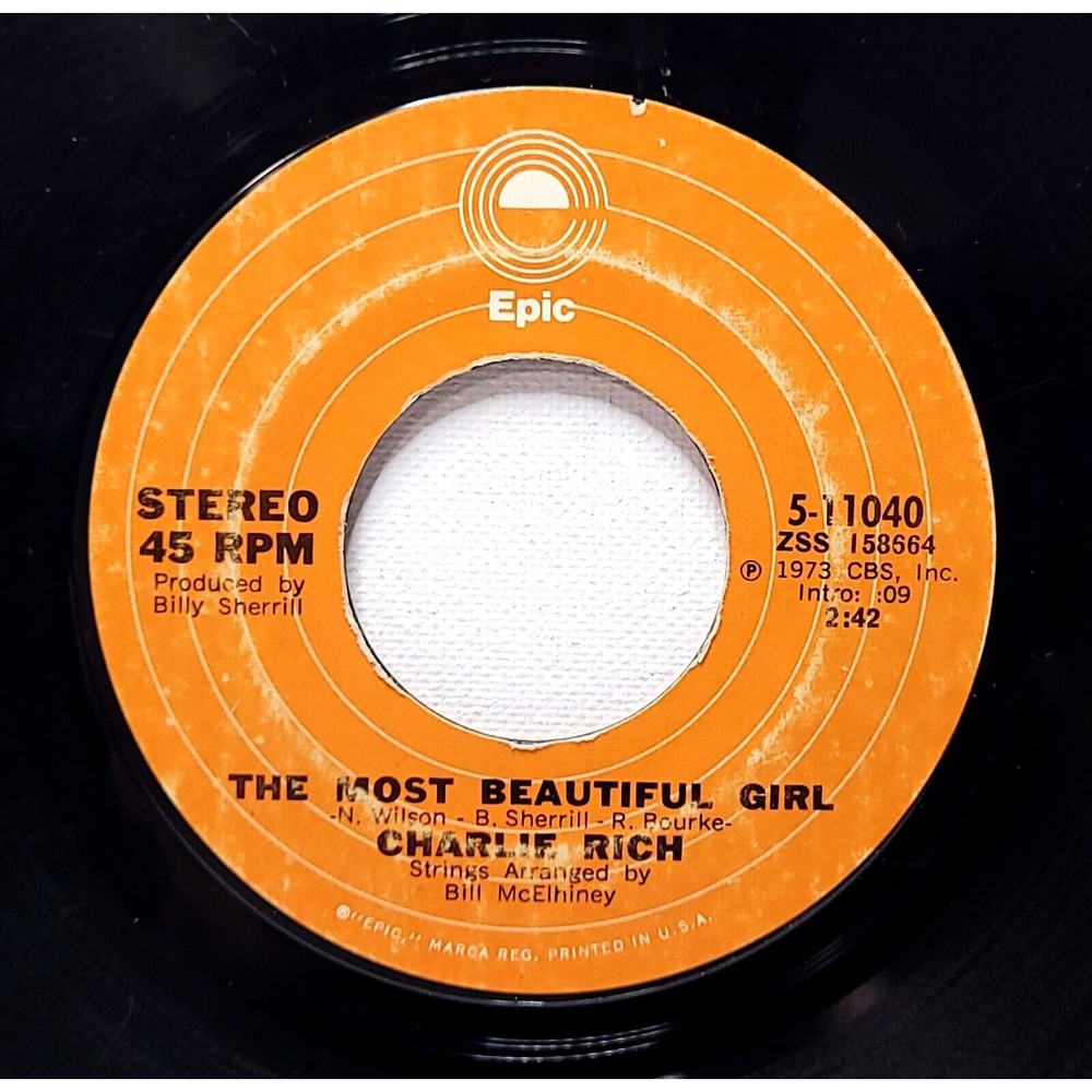 Charlie Rich Vinyl 45 The Most Beautiful Girl / I Feel Like Going Home VG